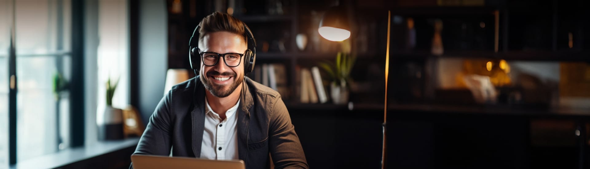 Ein lächelnder Mann mit Bart und Brille sitzt in einem stilvoll eingerichteten Büro vor seinem Laptop. Er trägt ein graues Hemd, darüber ein dunkles Jackett und Kopfhörer. Die Beleuchtung des Raumes ist warm und einladend, mit einer Stehlampe im Hintergrund, die für eine gemütliche Atmosphäre sorgt. Sein selbstsicheres Lächeln und die entspannte Haltung signalisieren Professionalität und Komfort beim Umgang mit digitaler Technologie im modernen Arbeitsumfeld.