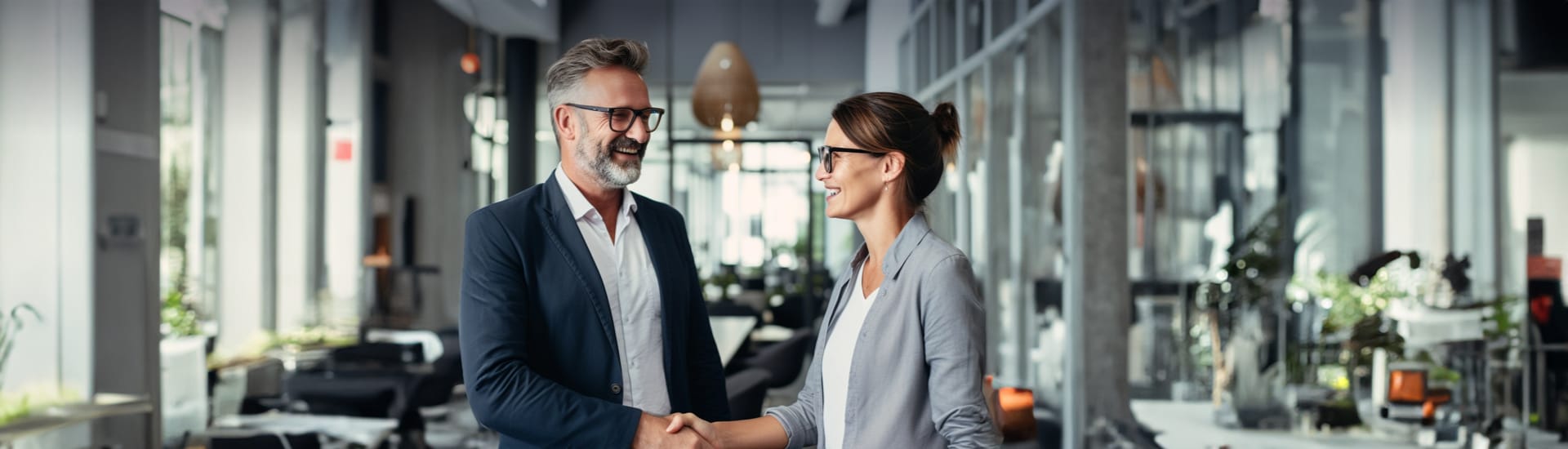 Ein Mann im mittleren Alter mit grauen Haaren Bart und Brille im Anzug steht in einem modernen Büro und schüttelt die Hand einer jungen Frau mit braunen Haaren und einer Brille die einen grauen Anzug trägt